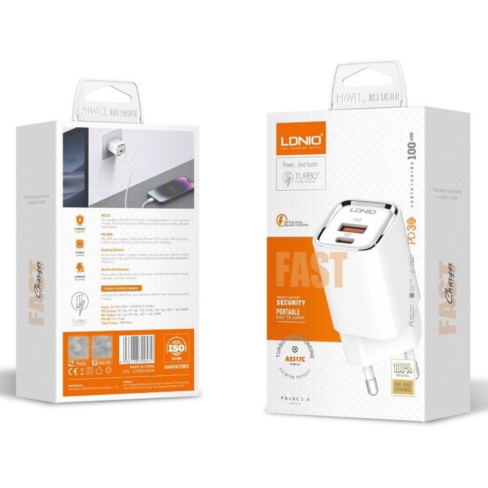 Сетевое зарядное устройство Ldnio A2317C USB/ Type-C QC PD 30W белое + кабель Type-C to Type-C