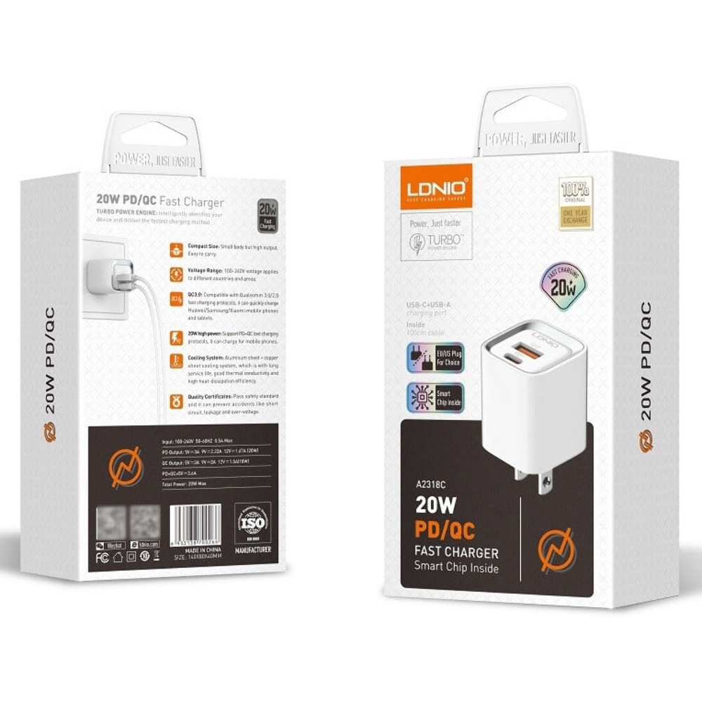 Сетевое зарядное устройство Ldnio A2318C USB/ Type-C QC PD белое + кабель Type-C to Type-C