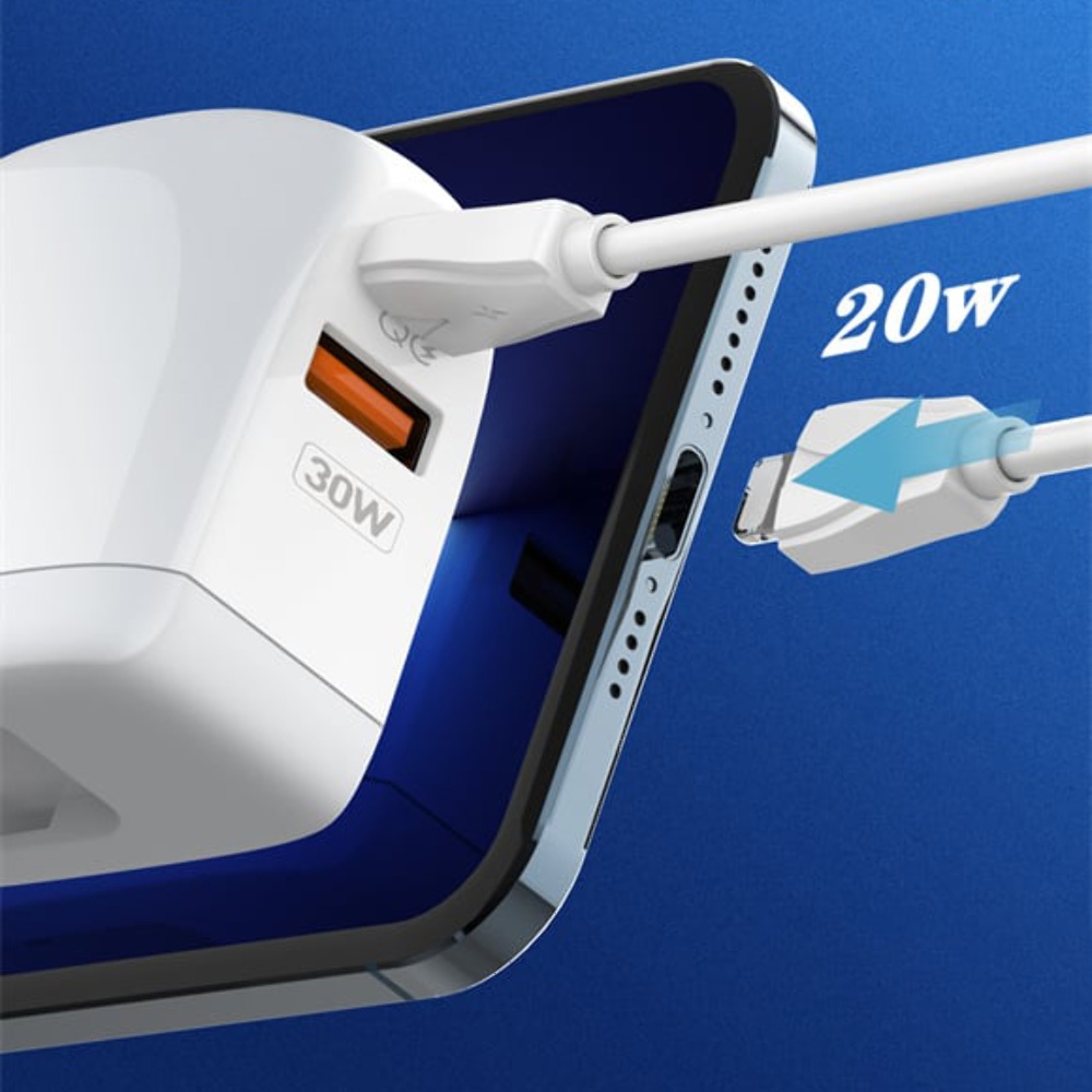 Сетевое зарядное устройство Ldnio A2522C USB/ Type-C QC PD 30W с дисплеем белое + кабель Type-C to Lightning