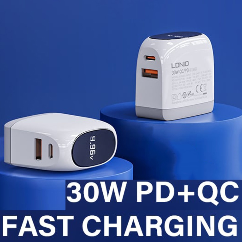 Сетевое зарядное устройство Ldnio A2522C USB/ Type-C QC PD 30W с дисплеем белое + кабель Type-C to Type-C