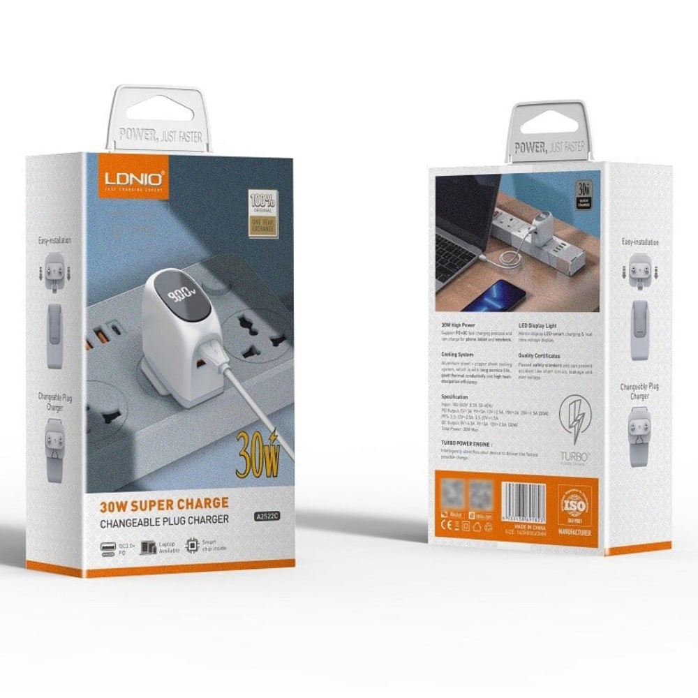 Сетевое зарядное устройство Ldnio A2522C USB/ Type-C QC PD 30W с дисплеем белое + кабель Type-C to Type-C