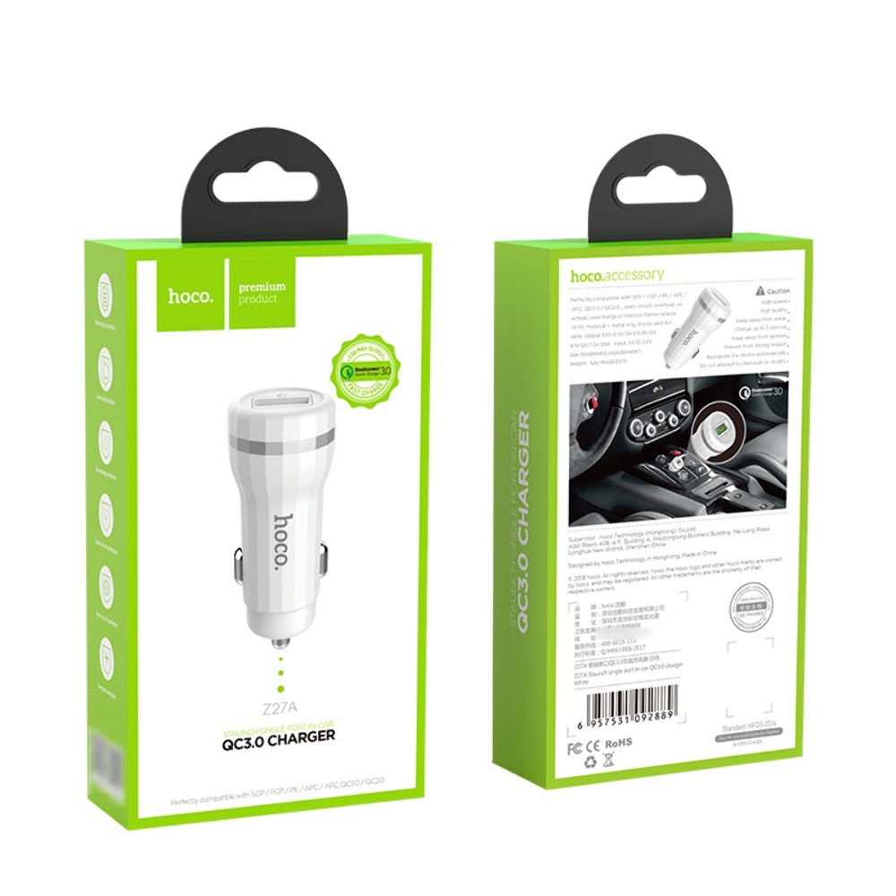 Автомобильное зарядное устройство Hoco Z27A USB QC 18W белое