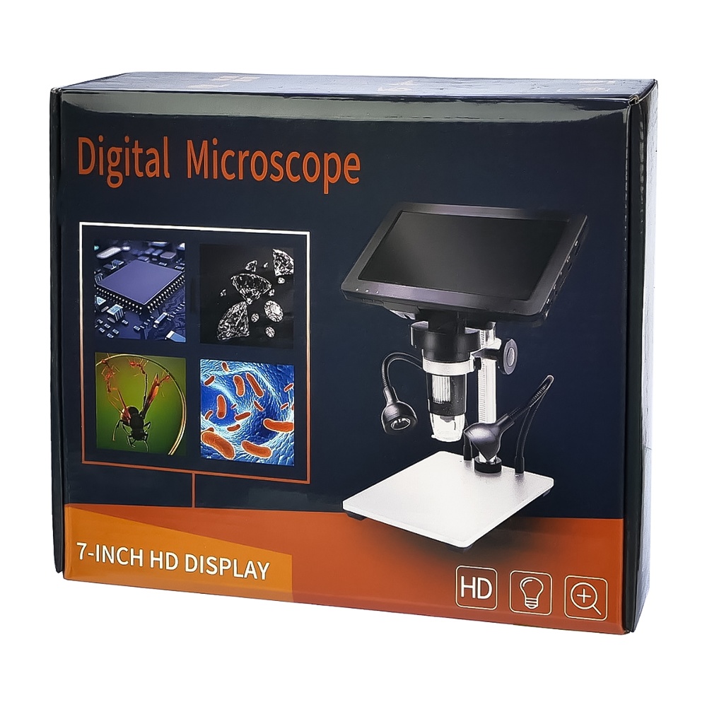 Цифровой микроскоп с монитором 7" и штативом DM9 (запись на microSD, фокус 20-170 мм, кратность увеличения 800X, подсветка, пульт ДУ, 5V)