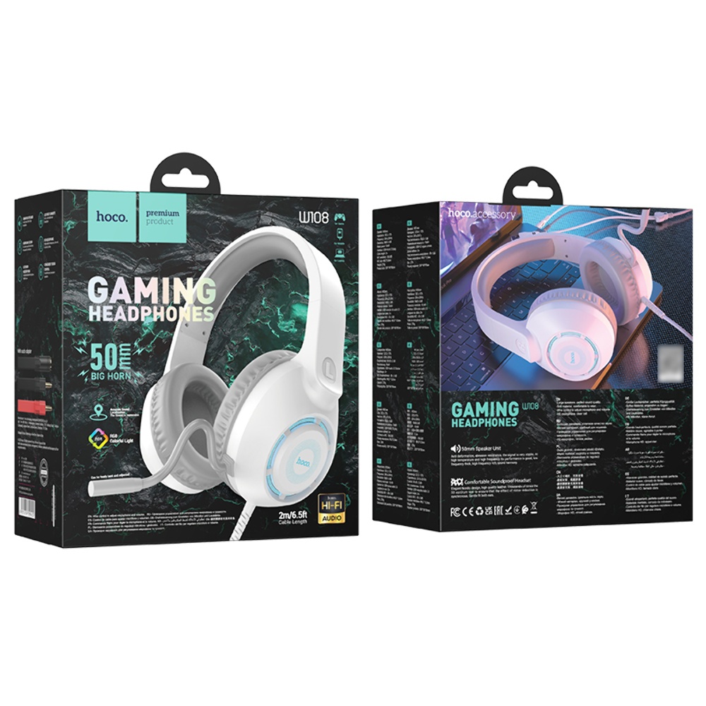 Наушники накладные Hoco W108 игровые с LED подсветкой Jack 3.5 white