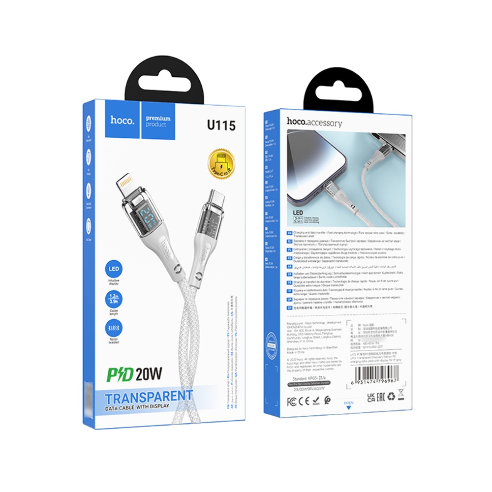 Кабель Hoco U115 с дисплеем Type-C to Lightning PD 1.2m grey