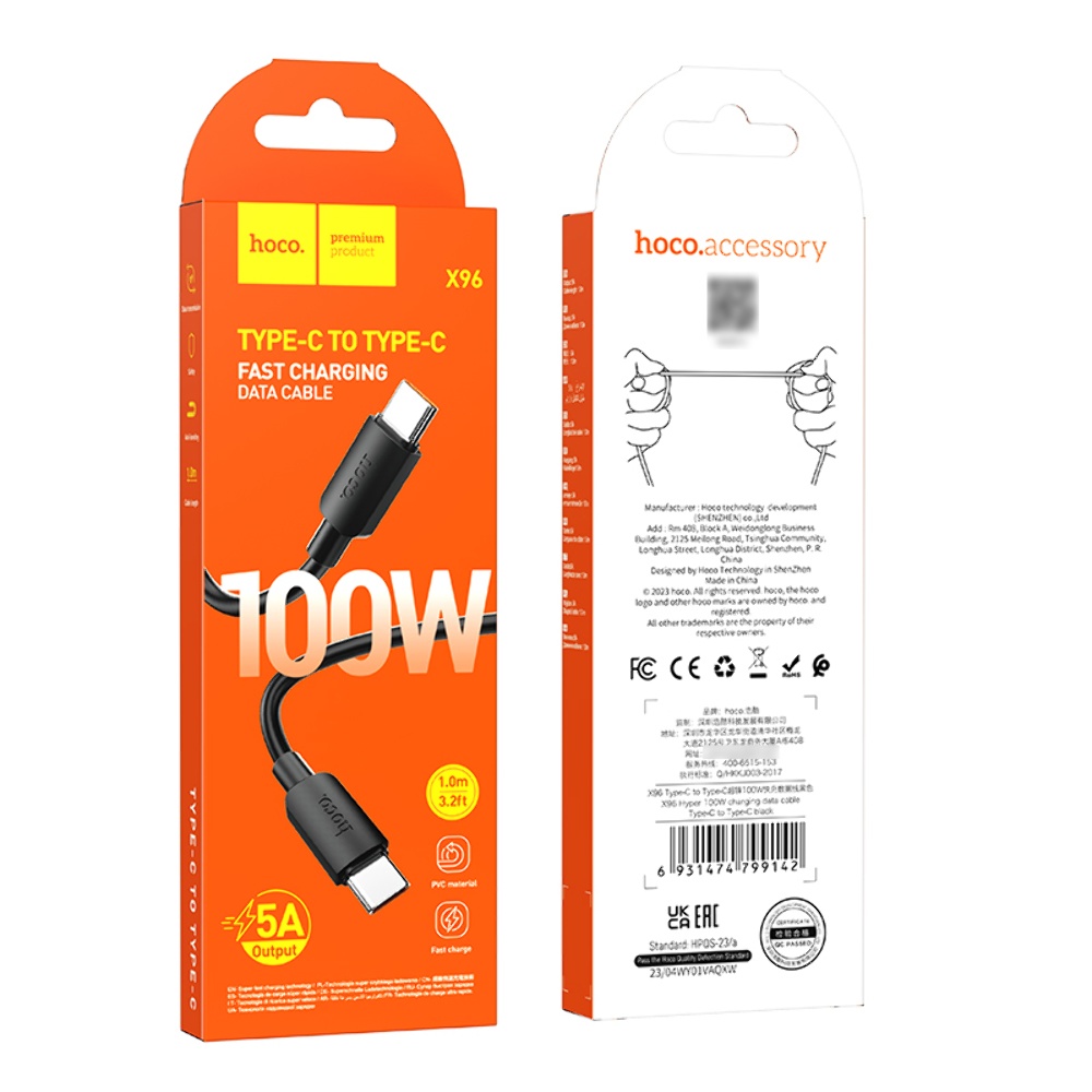 Кабель Hoco X96 Type-C to Type-C PD 100W 1m black