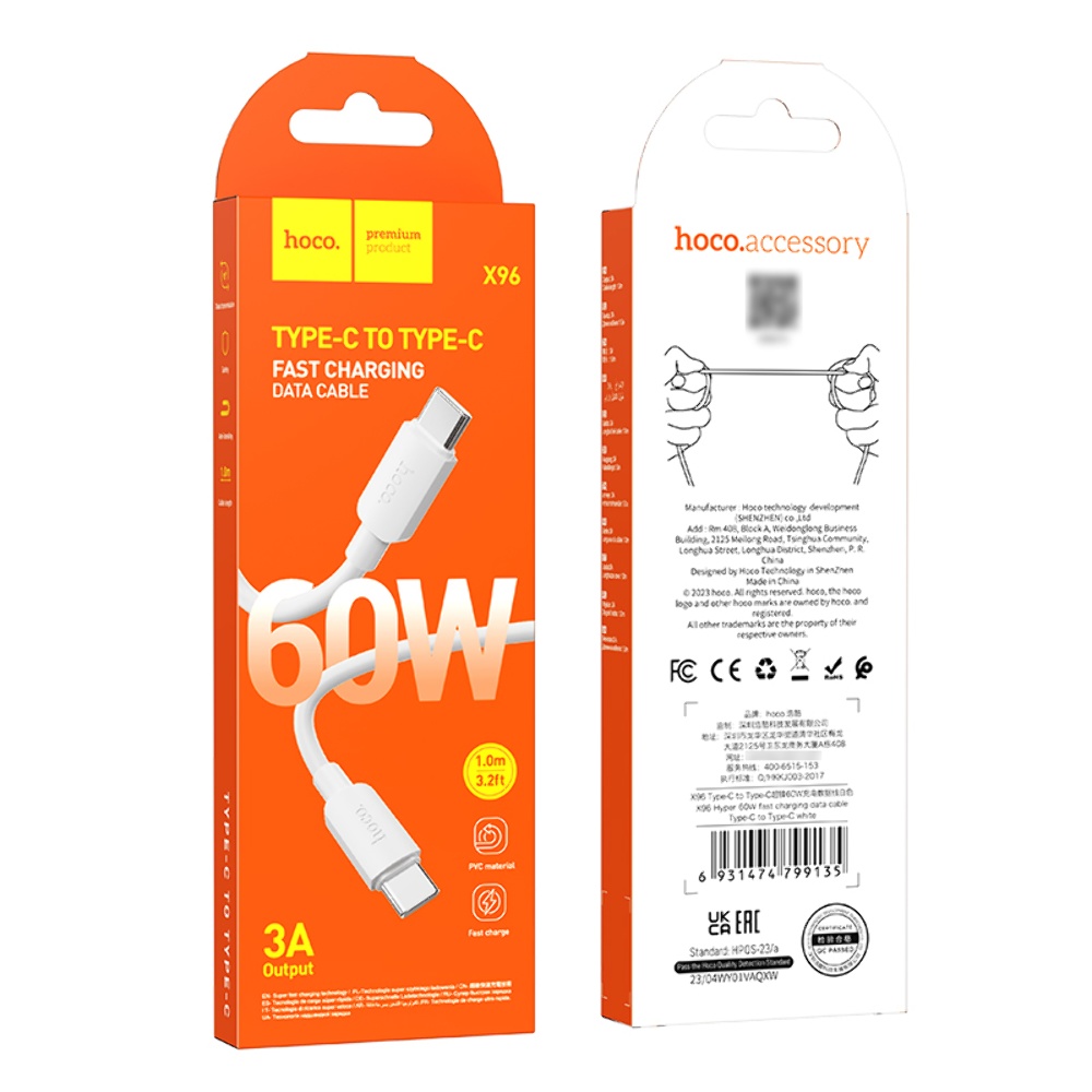Кабель Hoco X96 Type-C to Type-C PD 60W 1m white