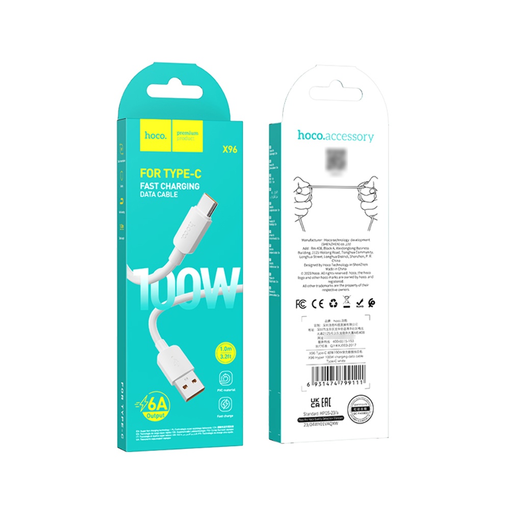 Кабель Hoco X96 USB to Type-C QC 100W 1m white
