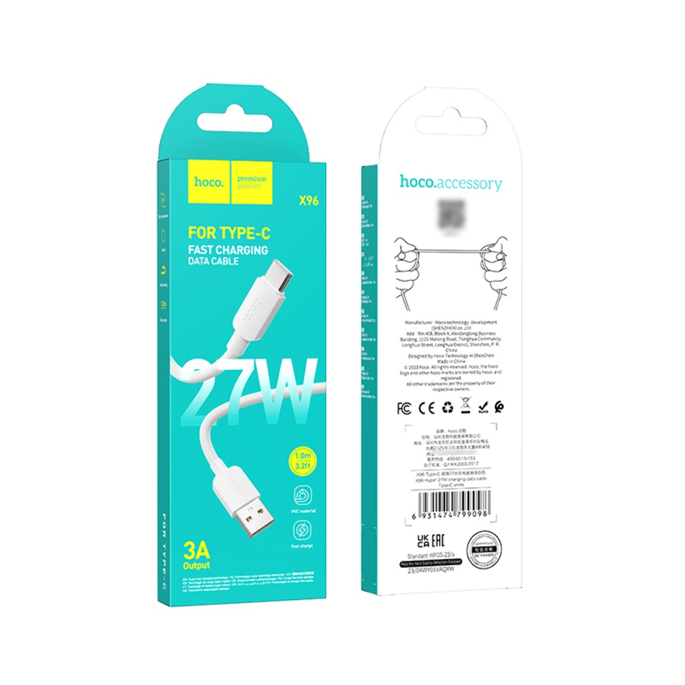 Кабель Hoco X96 USB to Type-C QC 27W 1m white