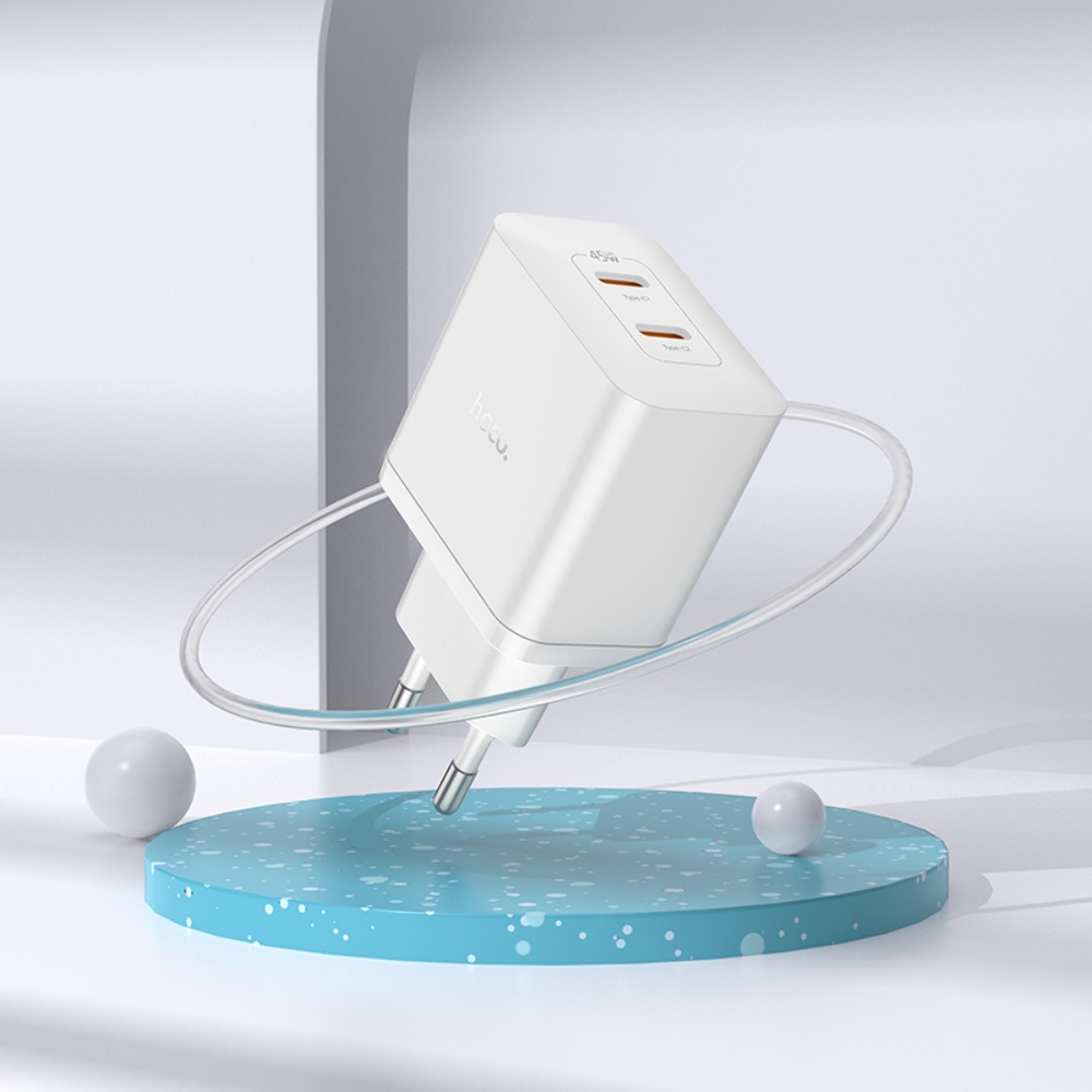 Сетевое зарядное устройство Hoco N35 2 Type-C PD 45W белое + кабель Type-C to Lightning