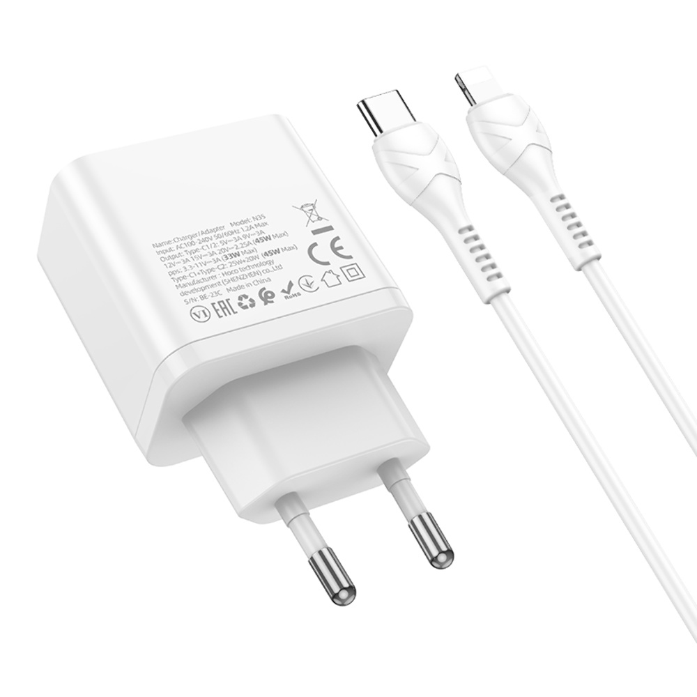 Сетевое зарядное устройство Hoco N35 2 Type-C PD 45W белое + кабель Type-C to Lightning