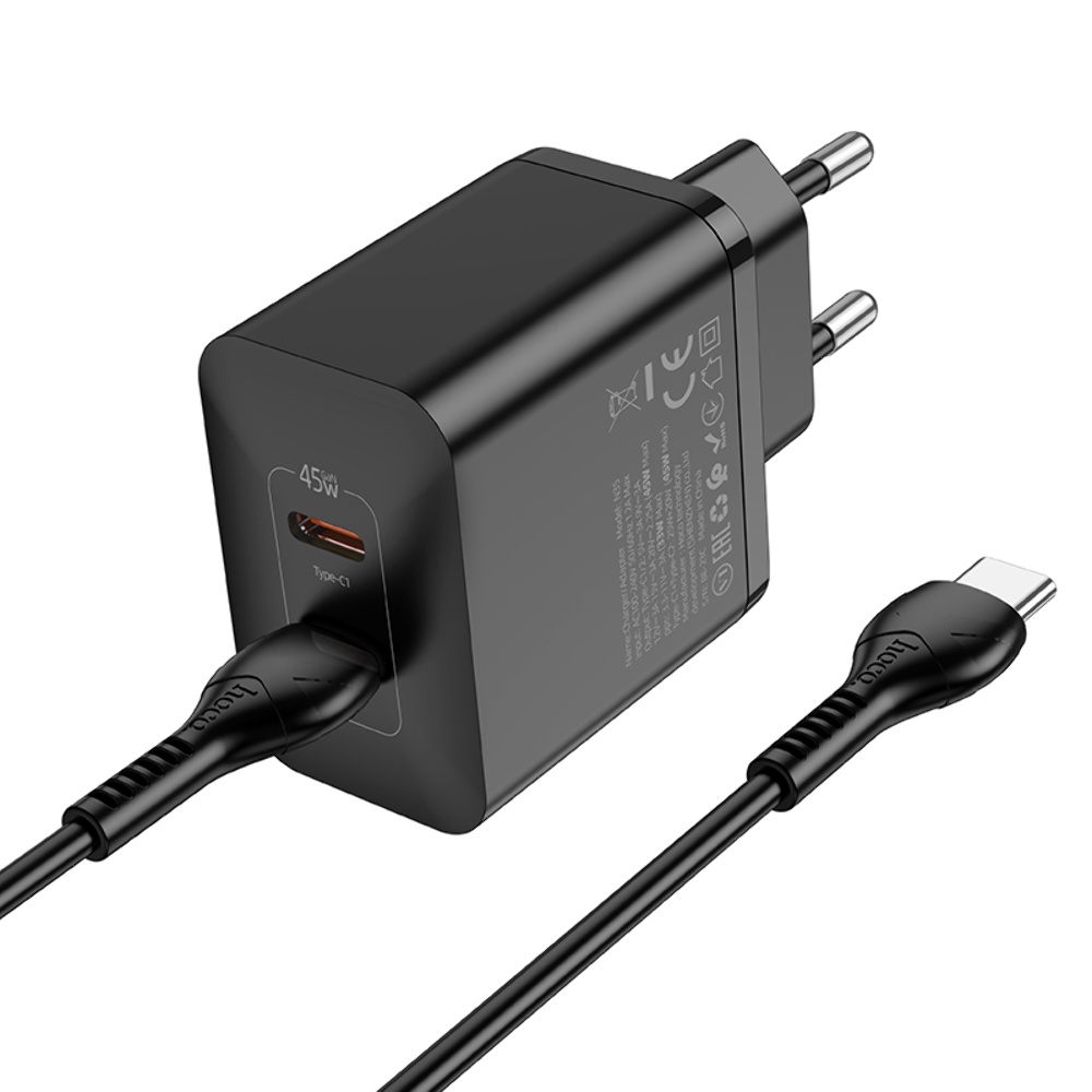 Сетевое зарядное устройство Hoco N35 2 Type-C PD 45W черное + кабель Type-C to Type-C