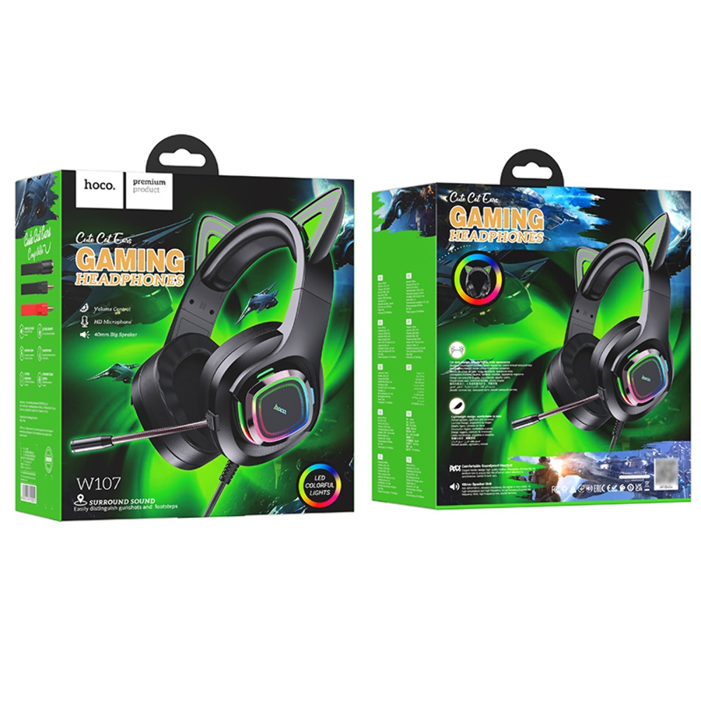 Наушники накладные Hoco W107 игровые с ушками и LED подсветкой Jack 3.5 elf cat