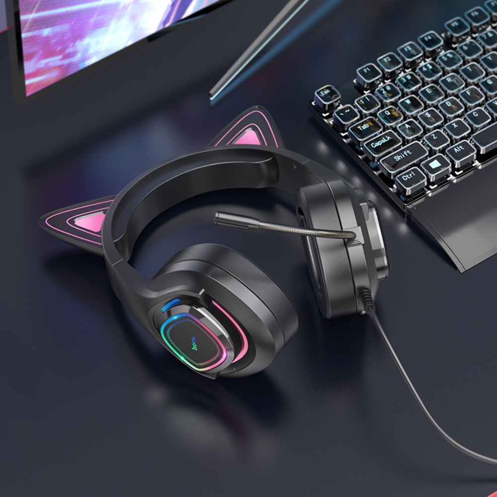 Наушники накладные Hoco W107 игровые с ушками и LED подсветкой Jack 3.5 phantom cat