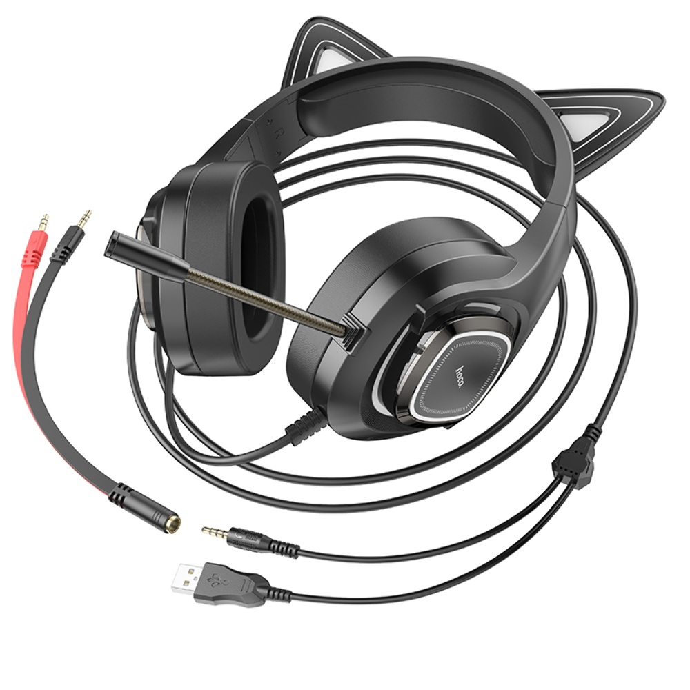 Наушники накладные Hoco W107 игровые с ушками и LED подсветкой Jack 3.5 phantom cat
