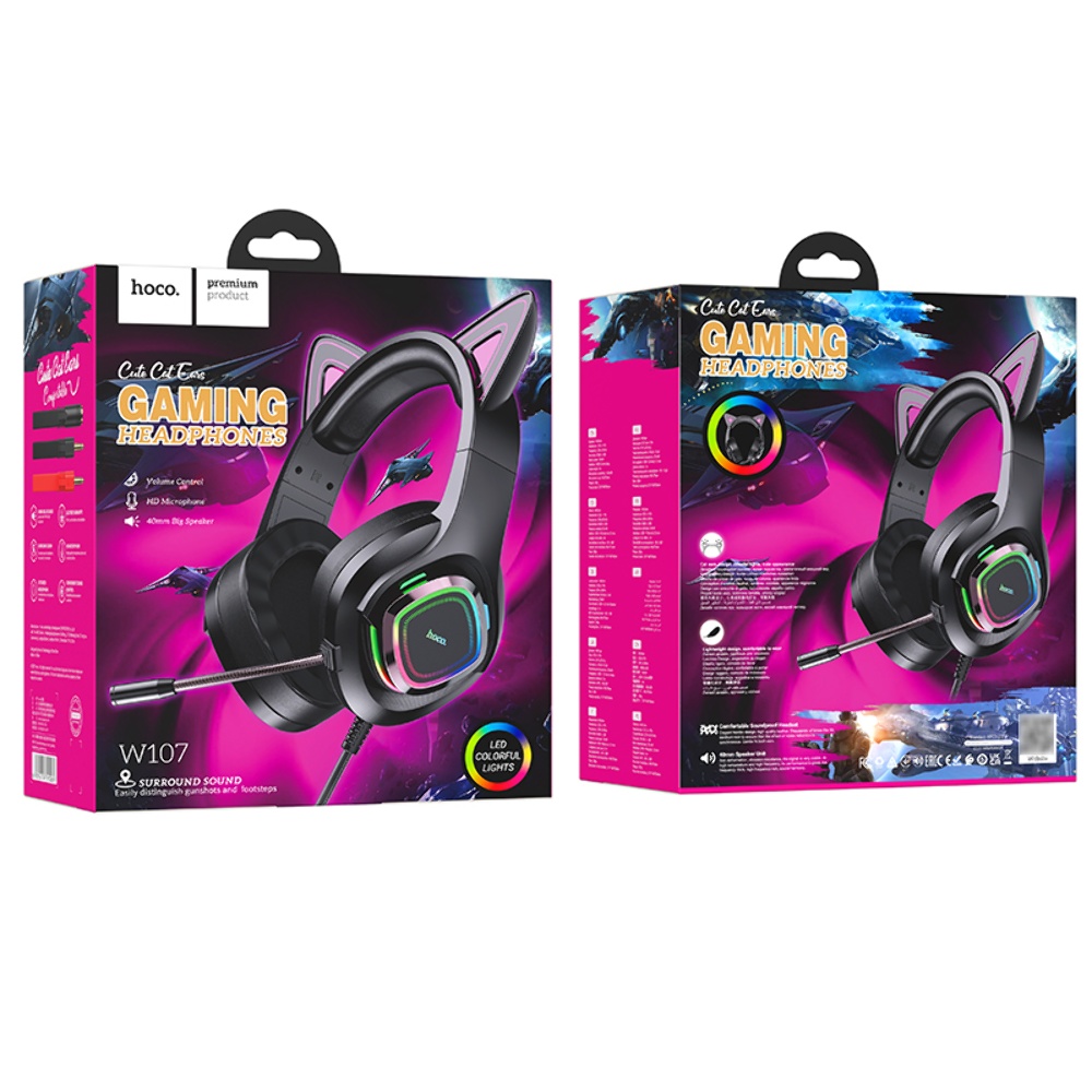 Наушники накладные Hoco W107 игровые с ушками и LED подсветкой Jack 3.5 phantom cat