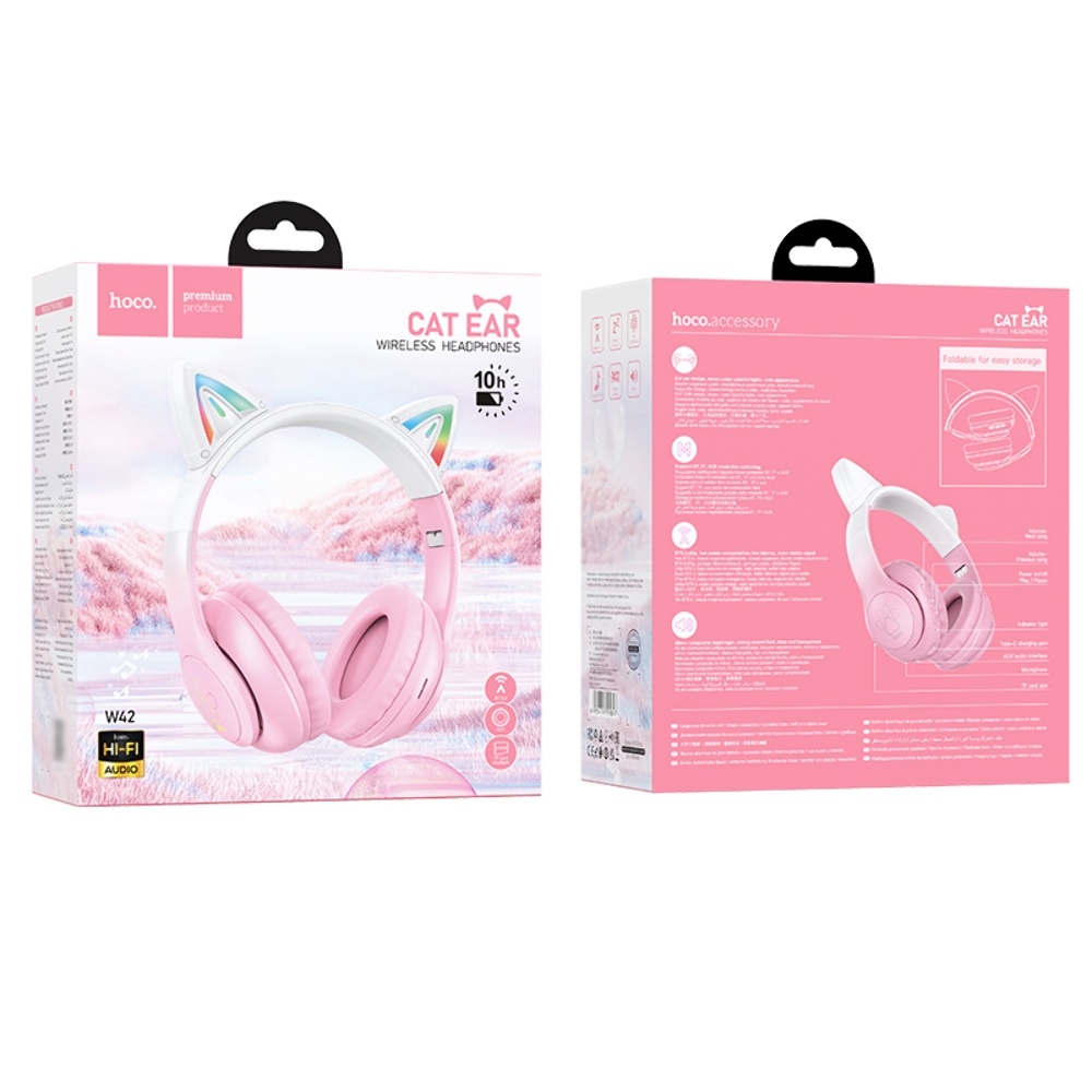 Беспроводные наушники Hoco W42 Cat Ear накладные с ушками и LED подсветкой cherry blossom