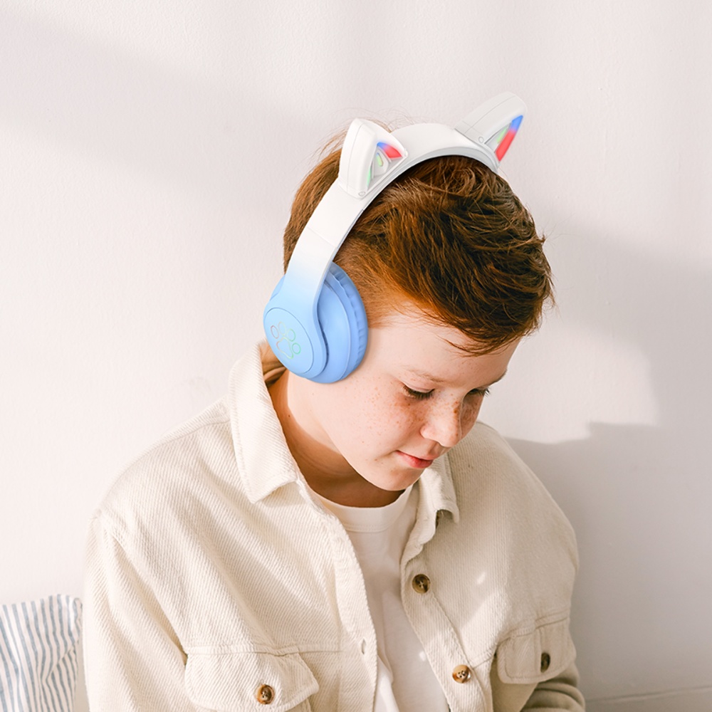 Беспроводные наушники Hoco W42 Cat Ear накладные с ушками и LED подсветкой crystal blue