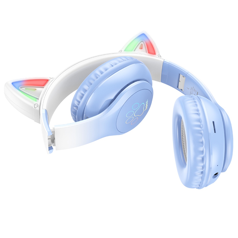 Беспроводные наушники Hoco W42 Cat Ear накладные с ушками и LED подсветкой crystal blue