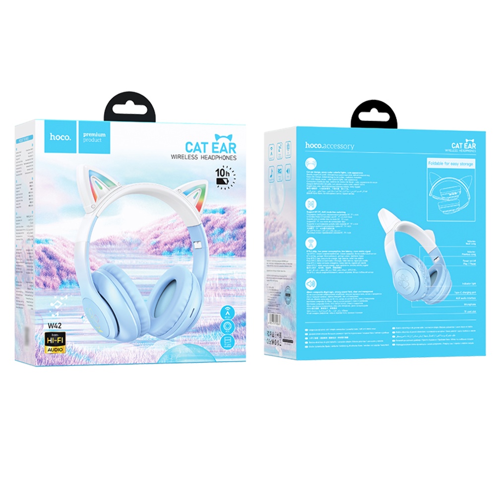Беспроводные наушники Hoco W42 Cat Ear накладные с ушками и LED подсветкой crystal blue