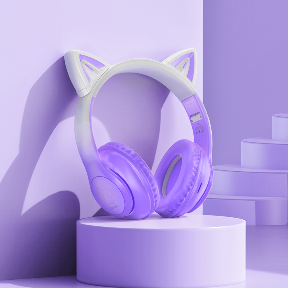 Беспроводные наушники Hoco W42 Cat Ear накладные с ушками и LED подсветкой purple grape