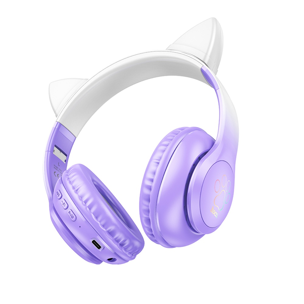 Беспроводные наушники Hoco W42 Cat Ear накладные с ушками и LED подсветкой purple grape
