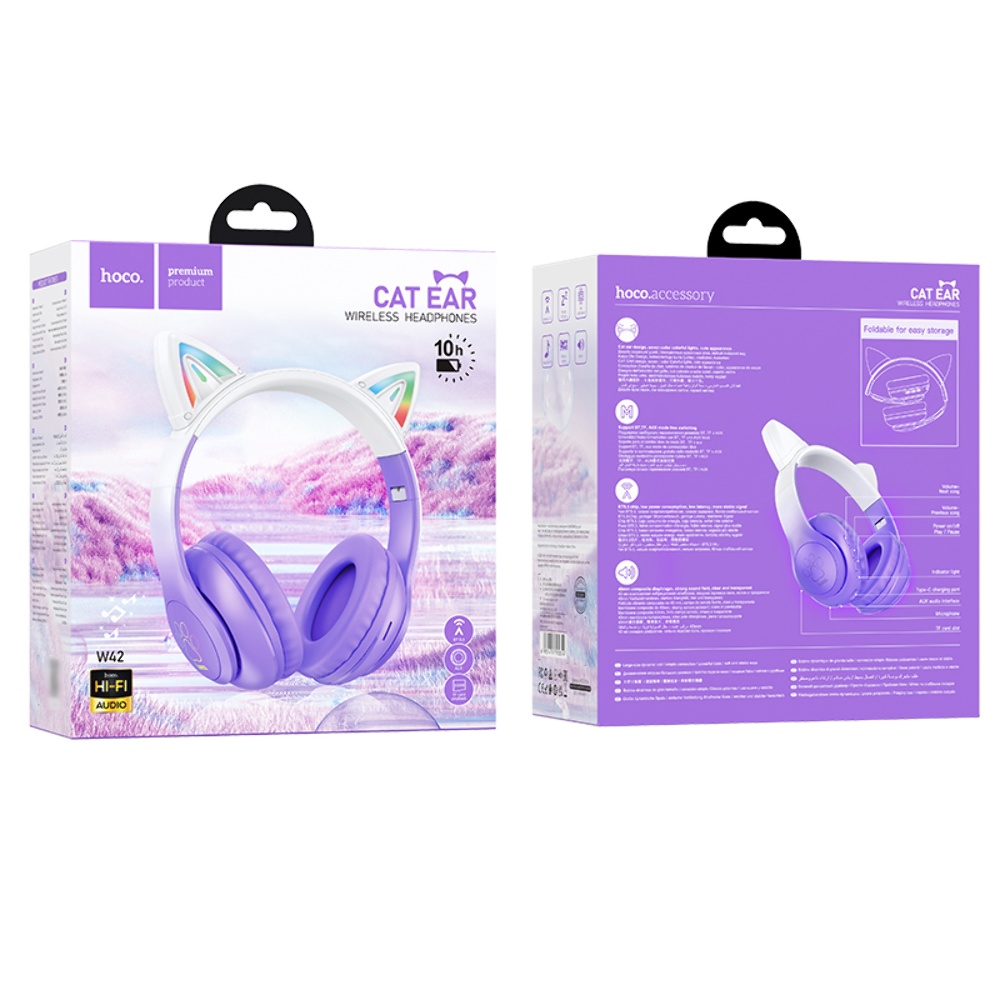 Беспроводные наушники Hoco W42 Cat Ear накладные с ушками и LED подсветкой purple grape