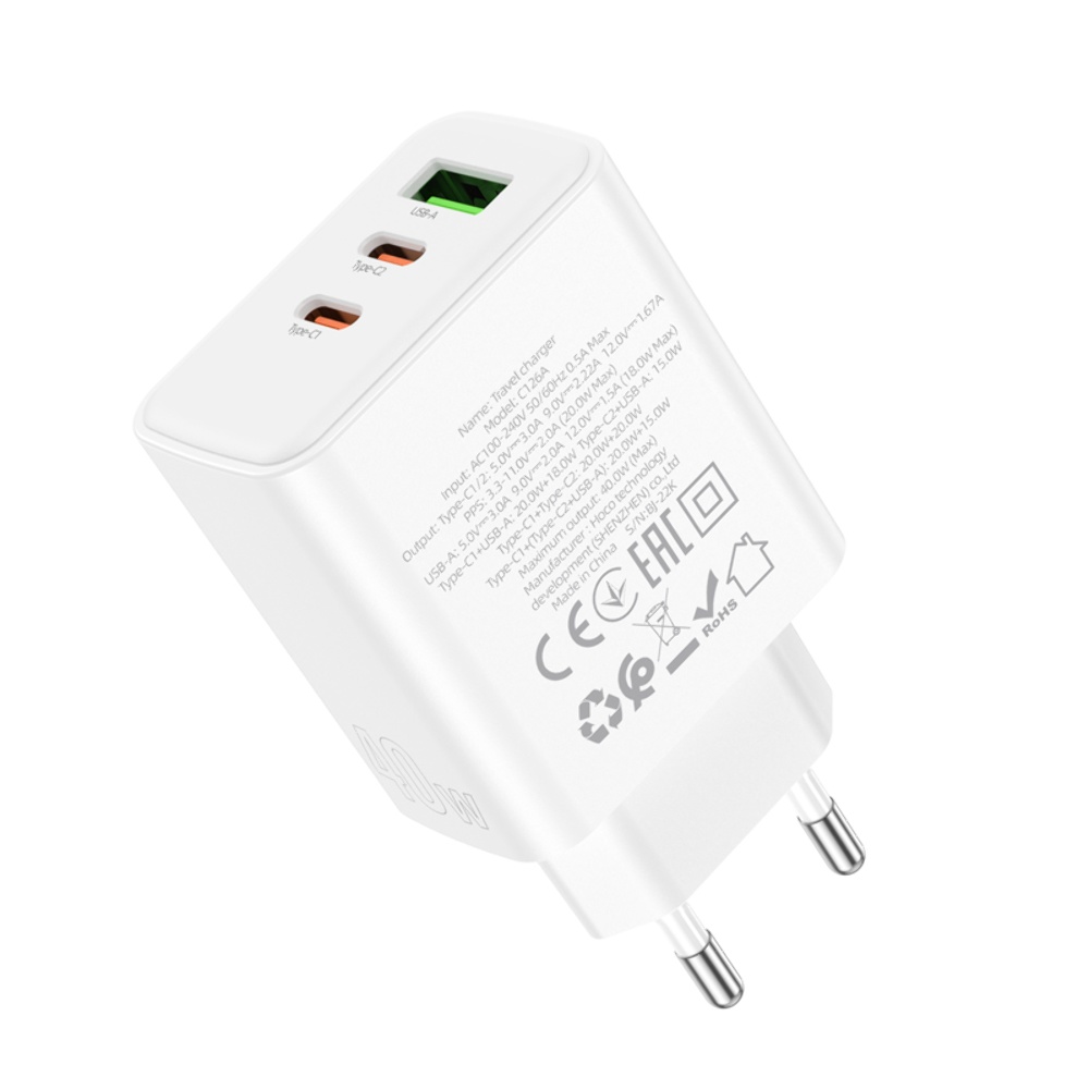 Сетевое зарядное устройство Hoco C126A USB/ 2 Type-C PD 40W белое