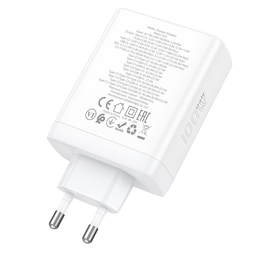 Сетевое зарядное устройство Hoco N31 PD100W 3C1A белое