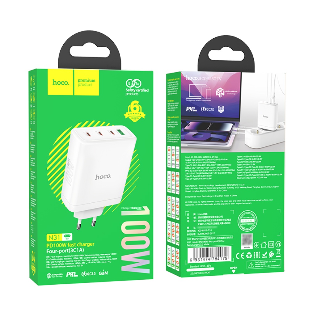 Сетевое зарядное устройство Hoco N31 PD100W 3C1A белое