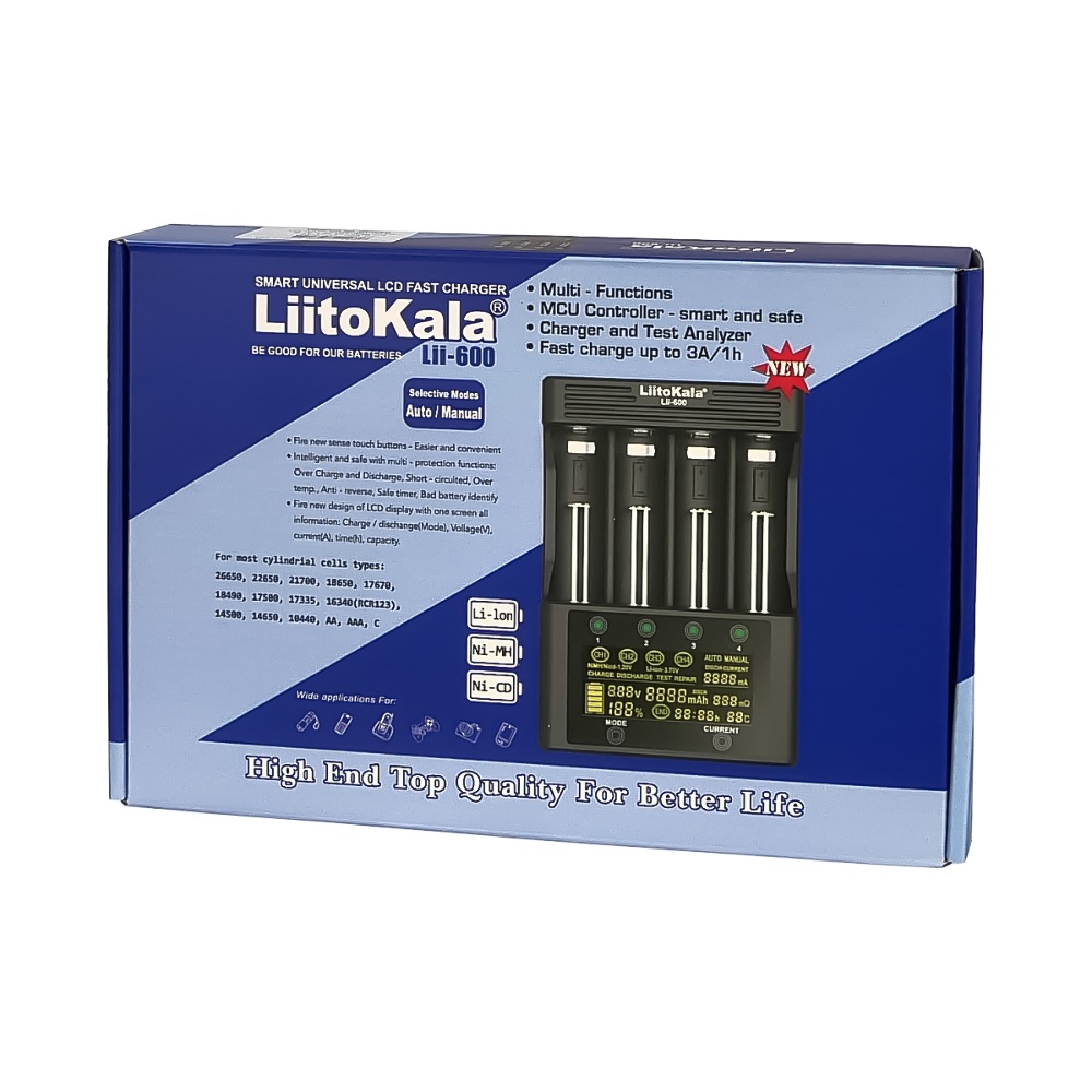 Сетевое зарядное устройство с тестером LiitoKala Lii-600 для аккумуляторов 18650/ АА/ ААА и других, 4 слота
