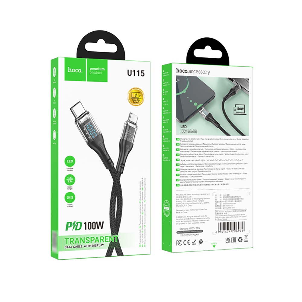 Кабель Hoco U115 с дисплеем Type-C to Type-C PD 100W 1.2m black