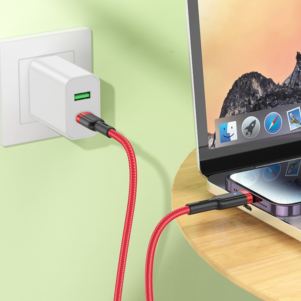 Кабель Hoco U117 с индикатором Type-C to Lightning PD 1.2m red