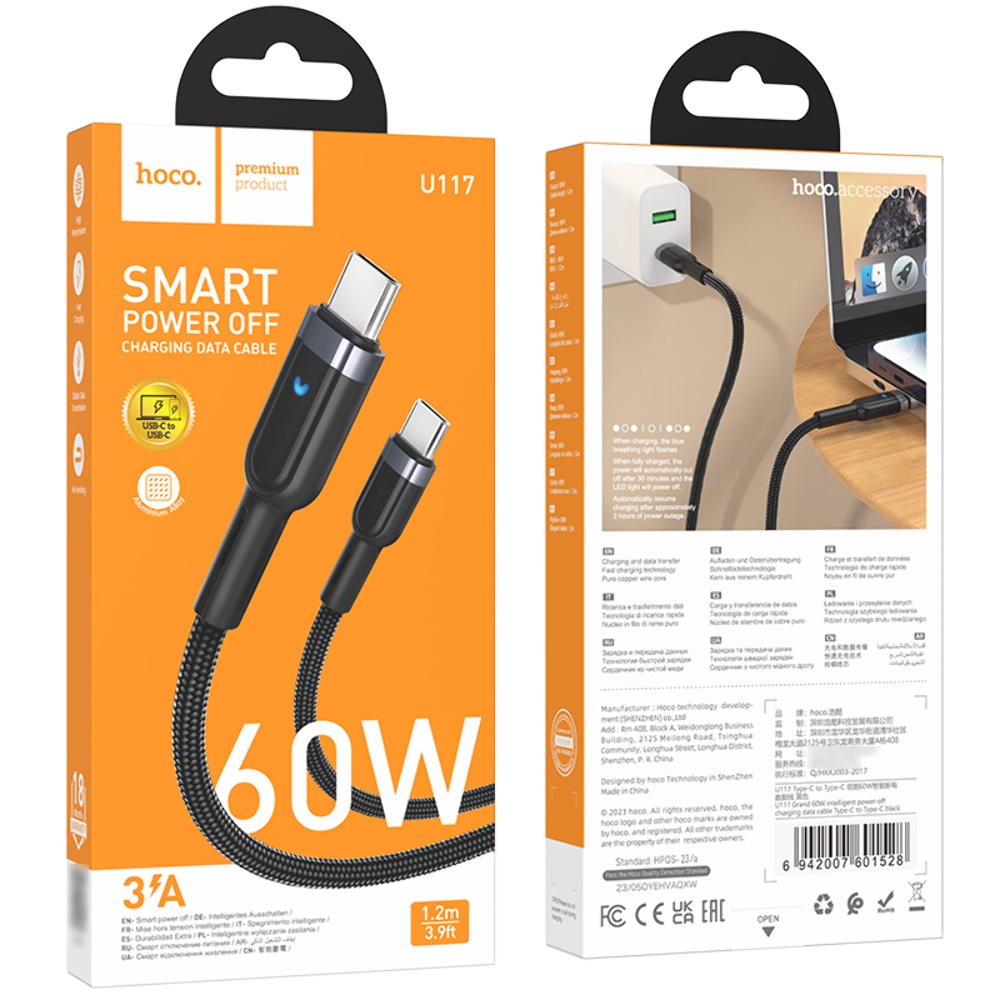 Кабель Hoco U117 с индикатором Type-C to Type-C PD 60W 1.2m black
