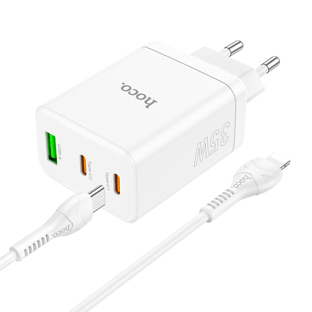 Сетевое зарядное устройство Hoco N33 USB/ 2 Type-C PD 35W белое + кабель Type-C to Lightning