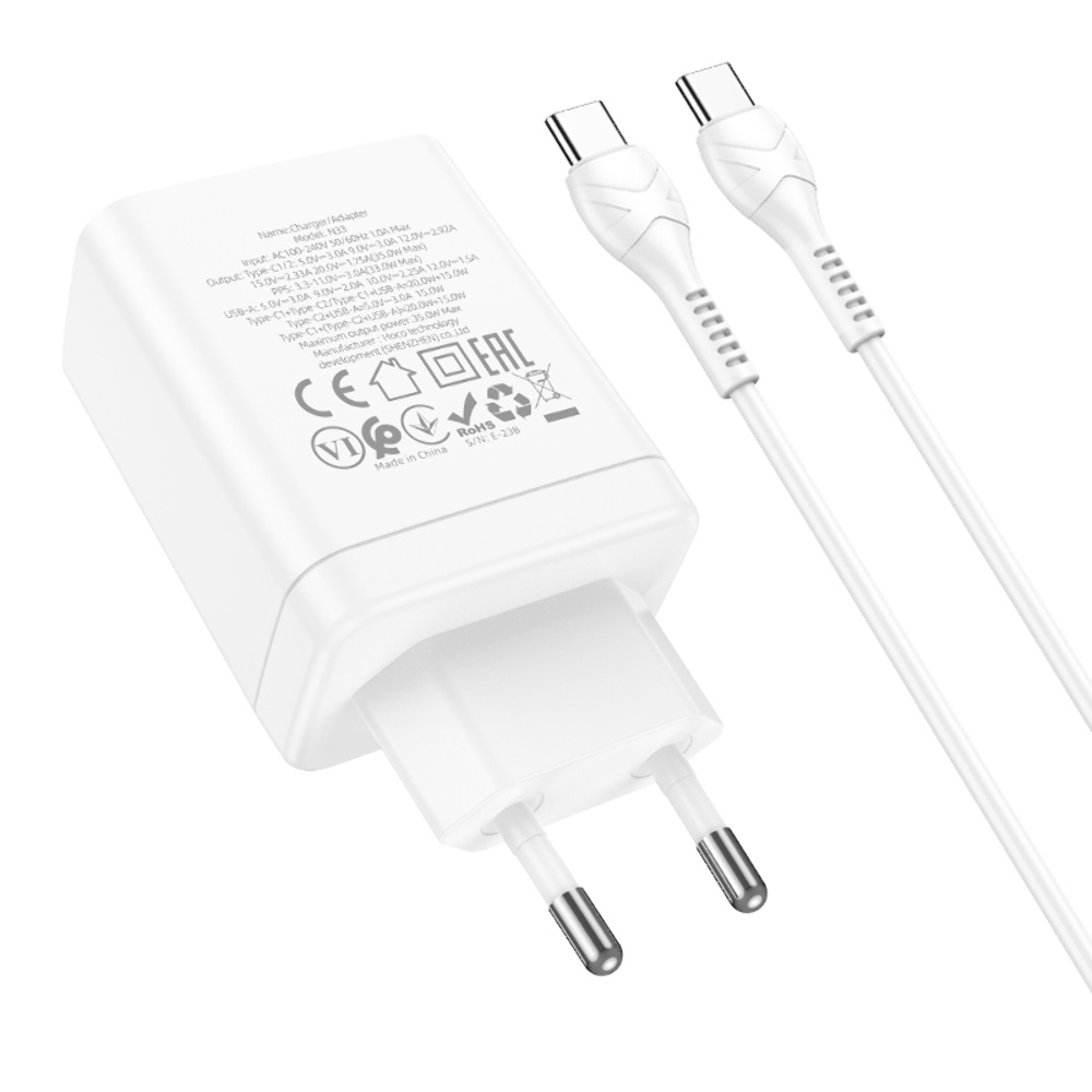 Сетевое зарядное устройство Hoco N33 USB/ 2 Type-C PD 35W белое + кабель Type-C to Type-C