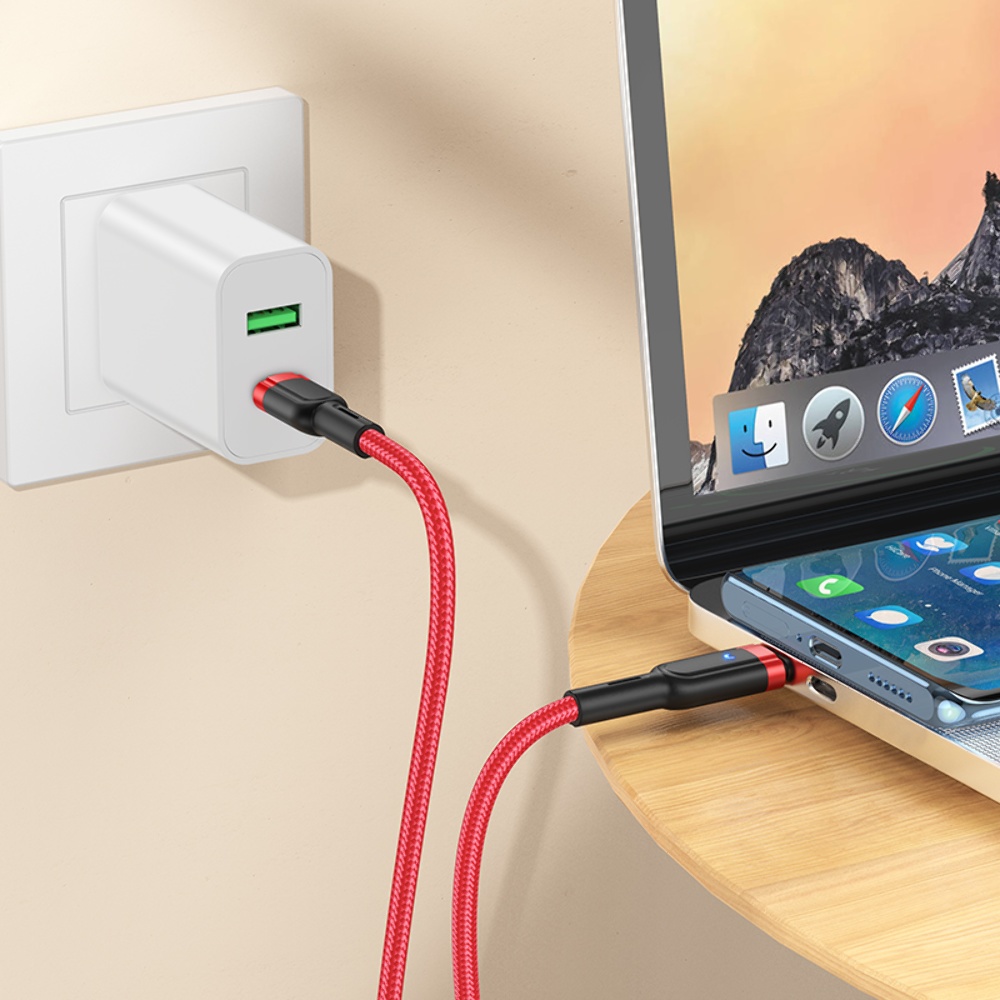 Кабель Hoco U117 с индикатором Type-C to Type-C PD 60W 1.2m red