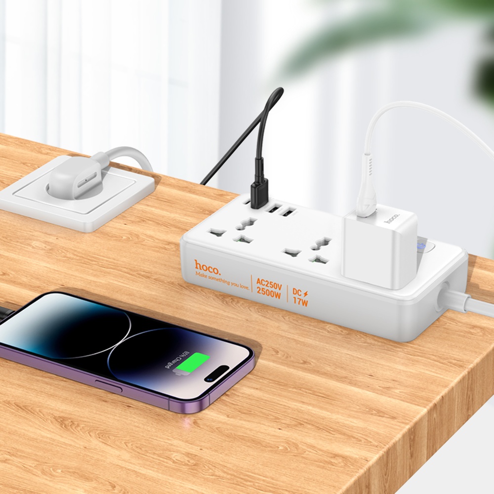 Сетевое зарядное устройство удлинитель Hoco AC7A 3 USB/Type-C 3 розетки 1.5m белый
