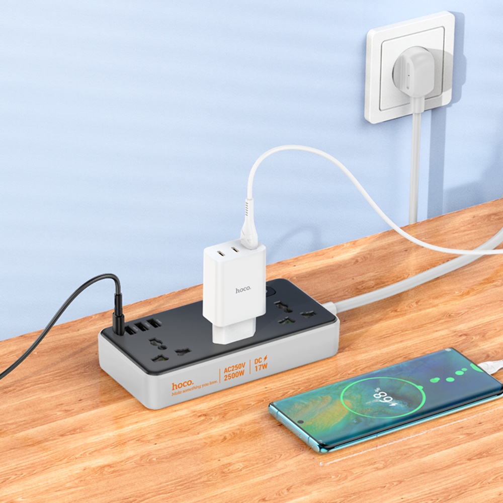 Сетевое зарядное устройство удлинитель Hoco AC7A 3 USB/Type-C 3 розетки 1.5m черный