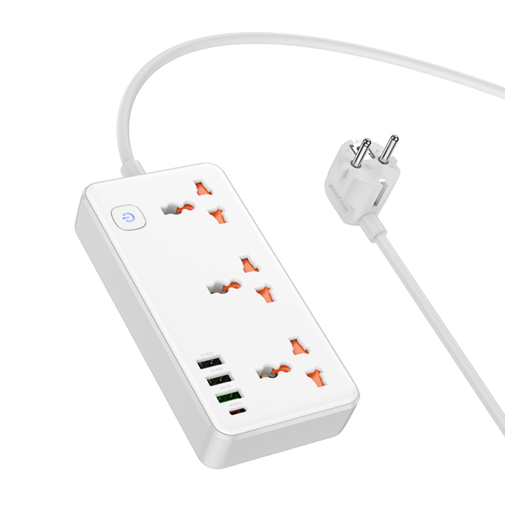 Сетевое зарядное устройство удлинитель Hoco AC8A 3 USB/Type-C PD QC 30W 3 розетки 1.5m белый