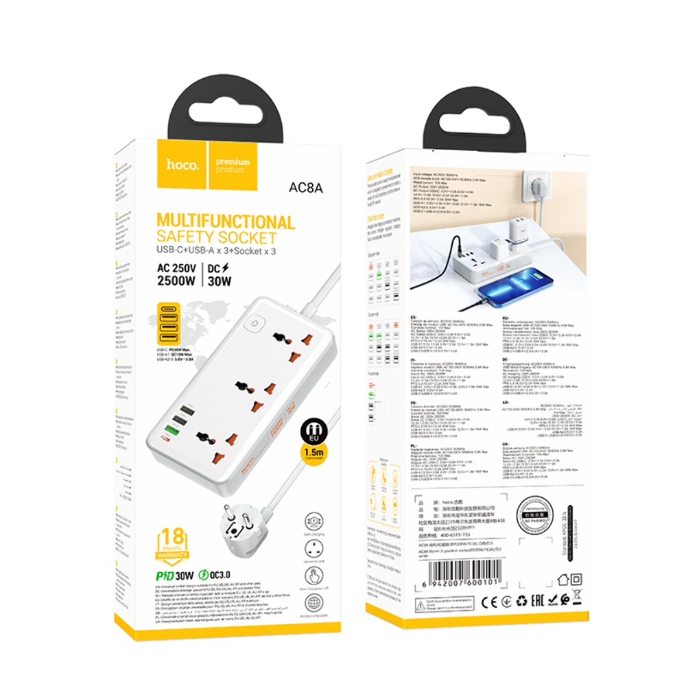 Сетевое зарядное устройство удлинитель Hoco AC8A 3 USB/Type-C PD QC 30W 3 розетки 1.5m белый