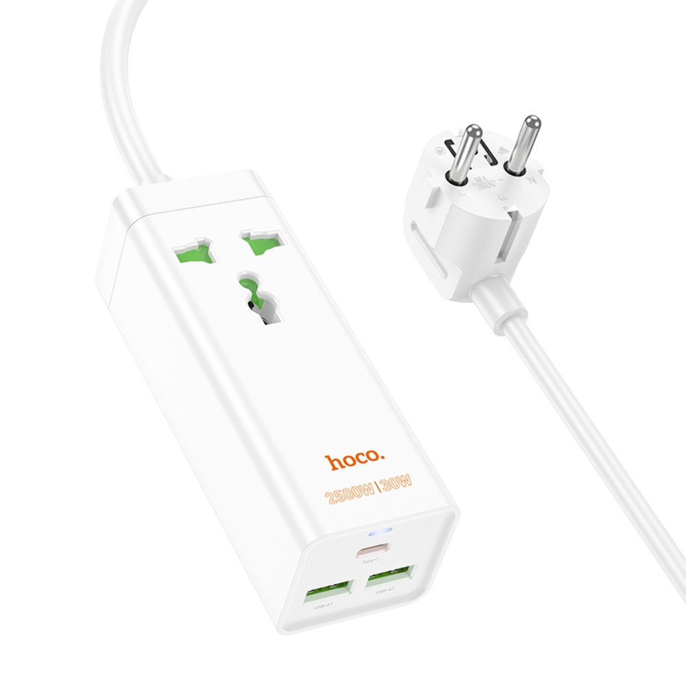 Сетевое зарядное устройство удлинитель Hoco AC9A 2 USB/Type-C PD QC 30W 1 розетка 1.5m белый