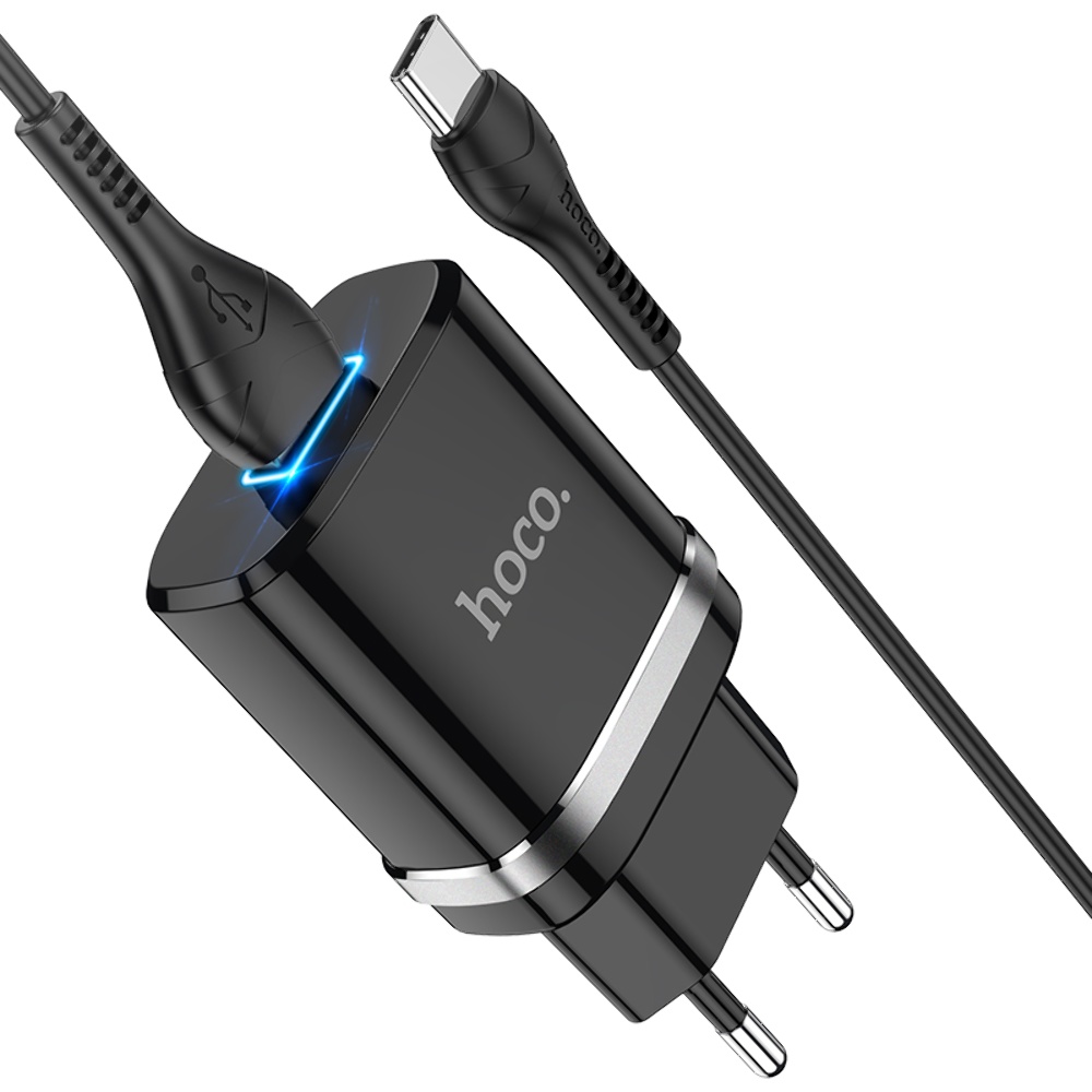 Сетевое зарядное устройство Hoco N1 USB черное + кабель USB to Type-C