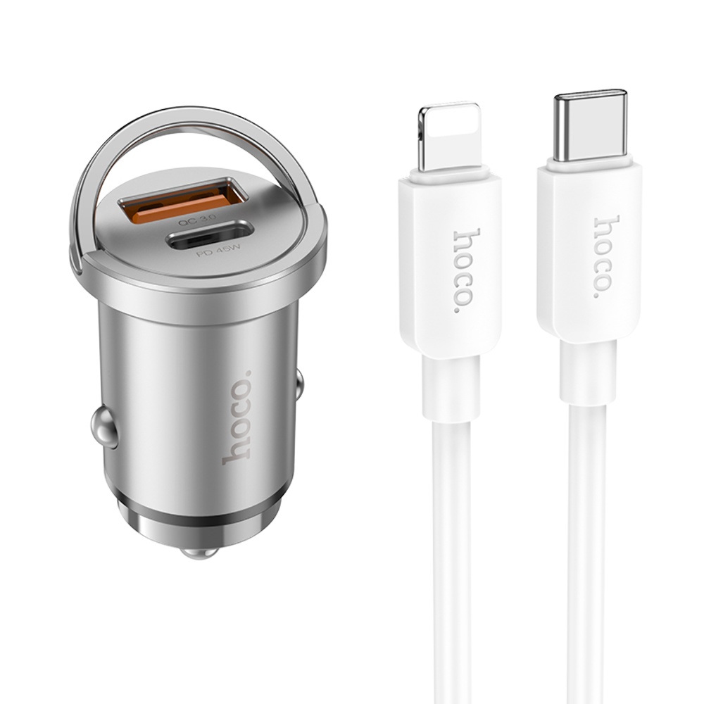 Автомобильное зарядное устройство Hoco NZ10 USB/ Type-C PD 45W серебристый + кабель Type-C to Lightning