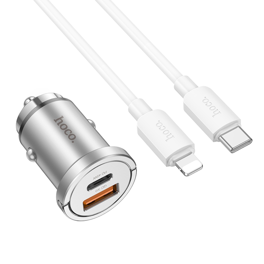 Автомобильное зарядное устройство Hoco NZ10 USB/ Type-C PD 45W серебристый + кабель Type-C to Lightning