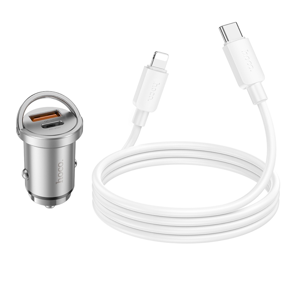 Автомобильное зарядное устройство Hoco NZ10 USB/ Type-C PD 45W серебристый + кабель Type-C to Lightning