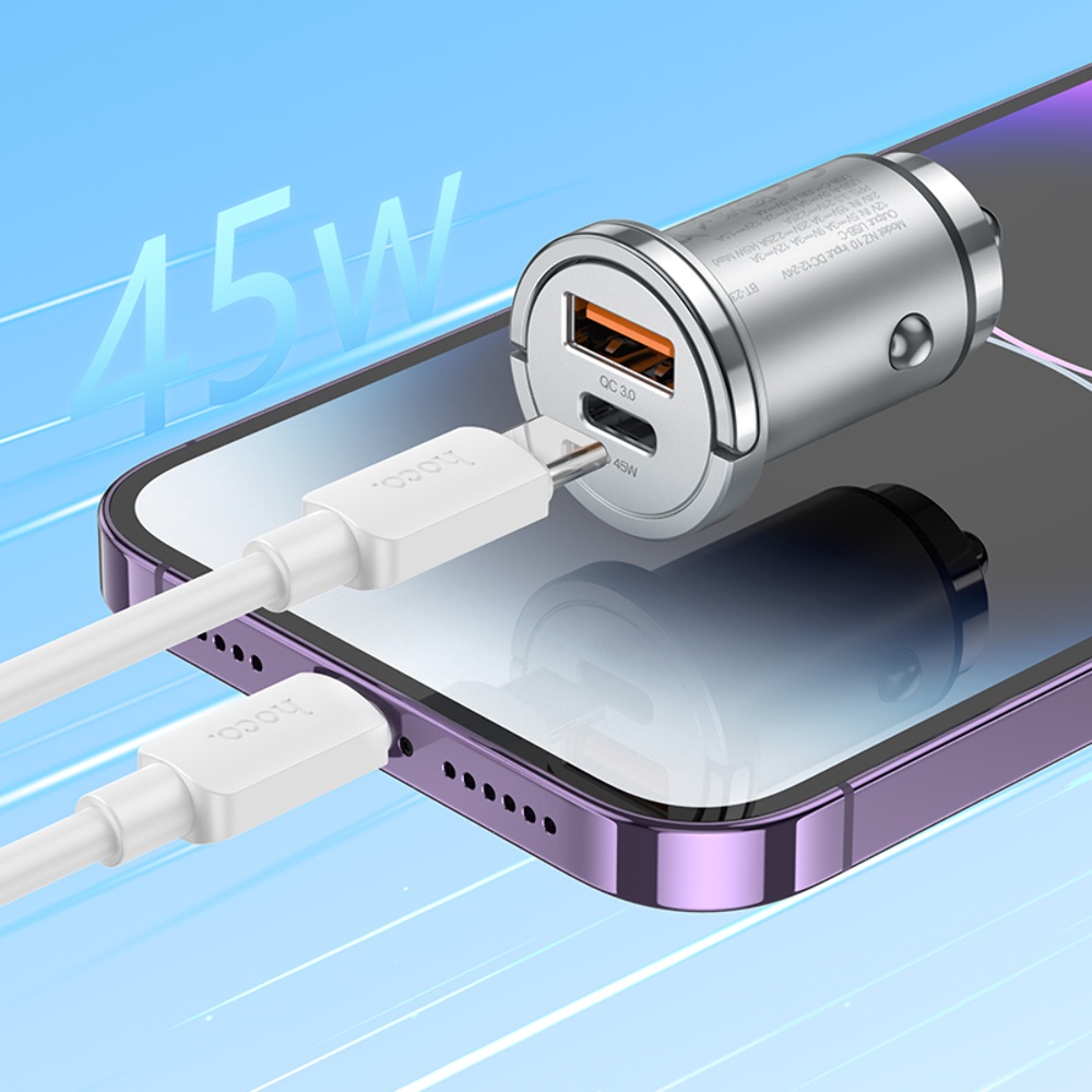 Автомобильное зарядное устройство Hoco NZ10 USB/ Type-C PD 45W серебристый + кабель Type-C to Lightning