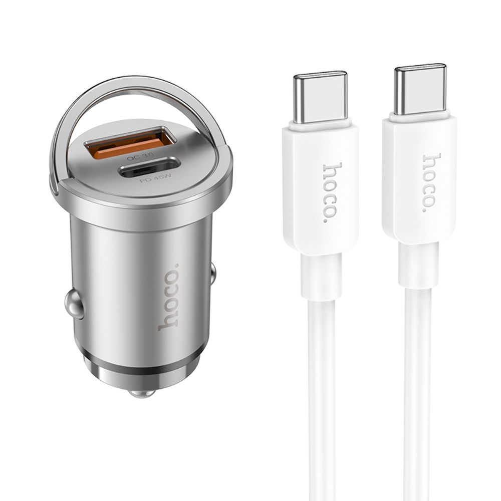 Автомобильное зарядное устройство Hoco NZ10 USB/ Type-C PD 45W серебристый + кабель Type-C to Type-C