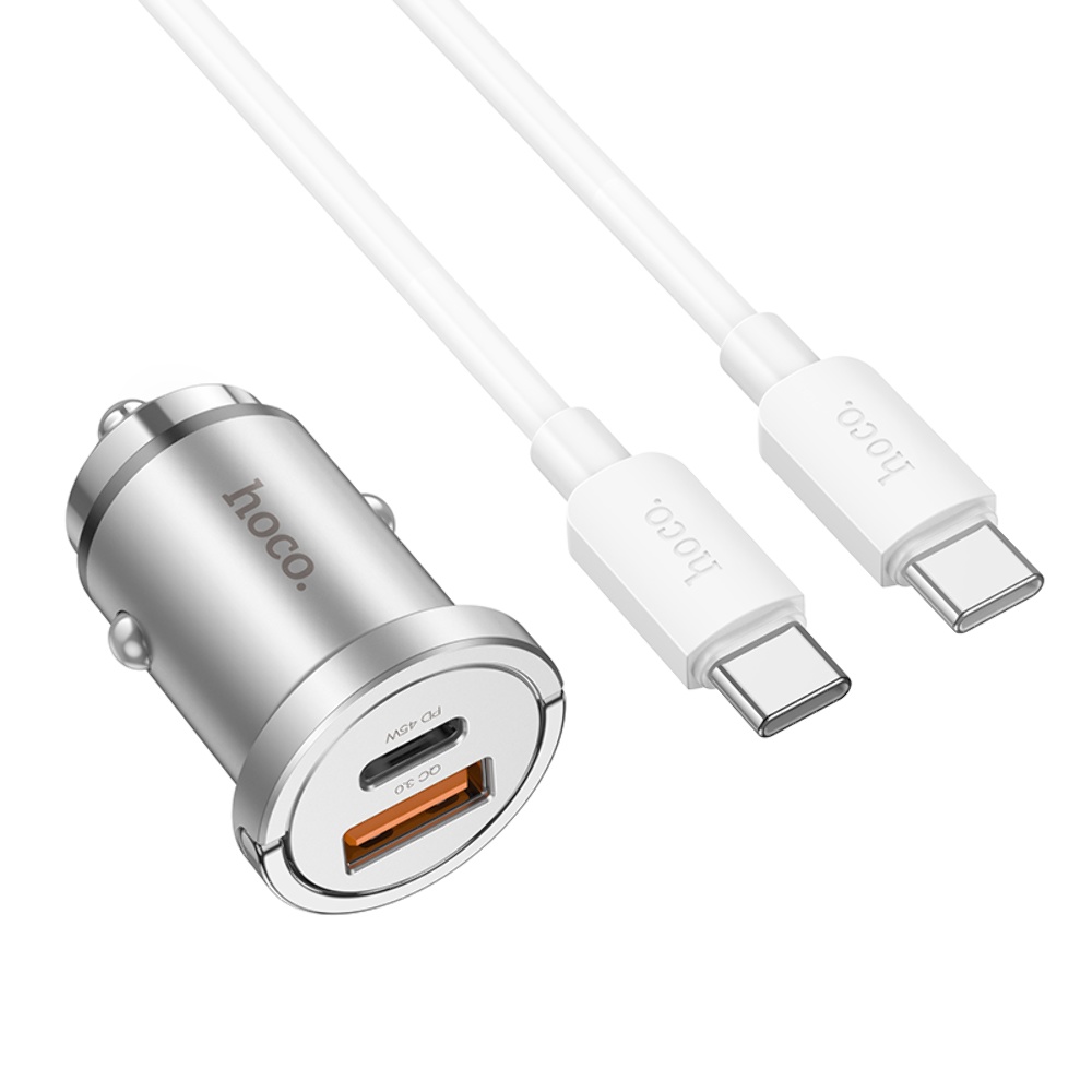 Автомобильное зарядное устройство Hoco NZ10 USB/ Type-C PD 45W серебристый + кабель Type-C to Type-C