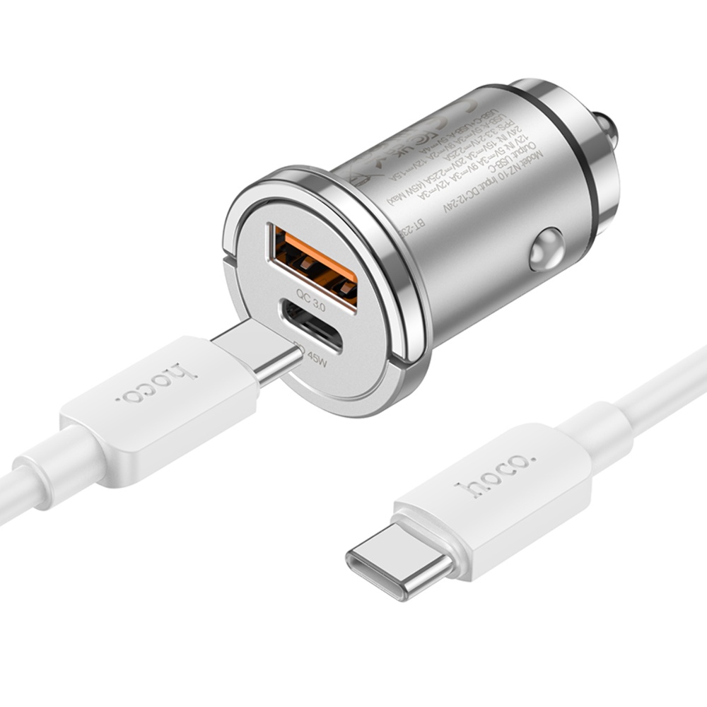 Автомобильное зарядное устройство Hoco NZ10 USB/ Type-C PD 45W серебристый + кабель Type-C to Type-C